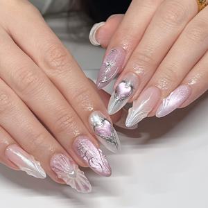 TEMU 네일 아몬드 프레스온 아크릴 네일 미디엄 네일 재사용 가능 광택 표면 3D 라인 별 하트 금박 디자인 패션 클래식 스위트 Y2K 스타일 여성 데일리 데이트 웨어 페스티벌 파티 10pcs (봄 여름)