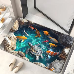 TEMU 1개입 시각적 디자인 욕실 매트, 거북이와 물고기 패턴 욕실 매트, 부드럽고 편안한 러그, 세탁기 사용 가능, 플란넬 소재, 다양한 크기 제공, 침실, 거실, 욕실, 발코니, 세탁실 장식 매트에 적합