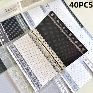 TEMU 검은색과 흰색 레이스 물방울 무늬 디자인의 고품질 A6 루스 리프 리필 40개 세트, 플래너 노트북에 적합