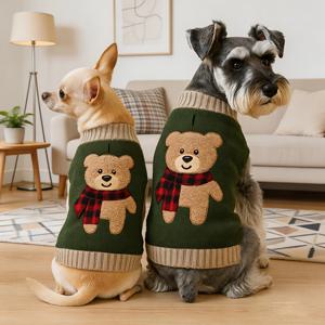 TEMU 1개 귀여운 곰돌이 자수 펫 스웨터, 소형견 및 중형견용 부드럽고 편안한 니트, 두꺼운 니트 터틀넥 스타일, 신축성 있고 따뜻한 겨울옷 (슈나우저 및 비숑)