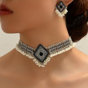 TEMU 목걸이 1개 + 귀걸이 1쌍, 럭셔리 라마단 인도 스타일 마름모 숏 여성용 세트, 휴가, 파티, 선물, 데일리용으로 적합