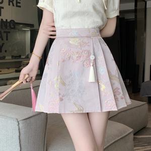 TEMU 2024 봄/여름 신상 중국풍 자카드 자수 플리츠 스커트, 하이웨이스트 비침방지 에이라인 숏스커트