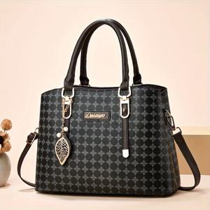 TEMU 코코지기 여성 빈티지 체크 토트백 - 조절 가능한 숄더 스트랩, 넉넉한 PVC 핸드백 지퍼 클로저, 블랙 우아한 출근용 가방 & 캐주얼 아웃팅, 메탈릭 리프 참 장식 | 폴리에스터 안감, 핸드백