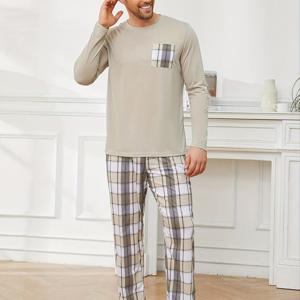 TEMU 남성 봄/가을 잠옷 세트, 캐주얼 프린트 긴팔 라운드넥 티셔츠 디자인 및 긴 바지, 잠옷으로 적합