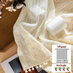 TEMU 로드 설치형 상단 디자인의 로맨틱한 작은 데이지 폼폼 단단 커튼 (단품), 자카드 원단 소재, 식당, 주방 및 베이 윈도우 장식용 짧은 커튼에 적합