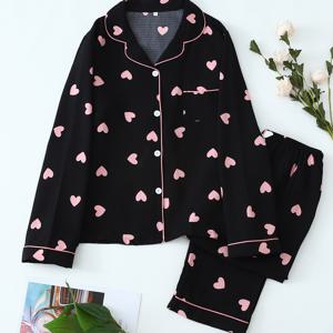 TEMU 여성용 긴팔 파자마 세트 (하트 프린트 & 긴 바지)