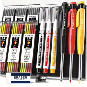 TEMU STGAEEK 1개/2개/3개 목수용 연필 세트 (연필깎이 포함), 내구성 강한 기계식 목공용 연필, 2/4/6개 리필 박스 포함, 건축가용 깊은 구멍 롱팁 마킹 연필 (케이스 포함)