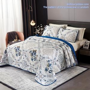 TEMU 유럽 궁전 스타일 플로럴 퀼트 침대보 세트 3pcs, 블루 로즈 프린트, 침대보 1개 + 베개커버 2개 포함, 세탁기 사용 가능, 사계절 편안함, 부드럽고 통기성 좋은 침구, 침실 및 기숙사 인테리어용