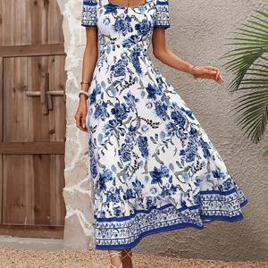 TEMU 여성용 플로럴 프린트 스퀘어넥 A라인 드레스 - 스모크 디테일 & 플루이 헴, 가벼운 통기성 여름 원피스, 비치웨어, 정원 파티, 캐주얼 아웃핏, 이브닝 웨어, 섬세한 디자인