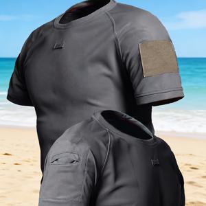 TEMU 남성 여름 야외 하이킹 및 등반용 속건성 반팔 티셔츠. 넉넉한 핑크 포켓, 통기성 좋은 라운드넥, 신축성 있는 반팔이 특징입니다. 이 다용도 단색 상의는 일상복으로 적합합니다.