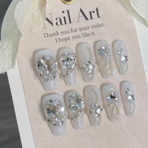 TEMU 수제 긴 발레 모양의 꿈결 같은 요정 매니큐어 10개 세트, 별처럼 빛나는 은빛 배경과 손끝에 우주가 응축된 듯한 느낌, 네일 러빙 및 젤리 글루 포함