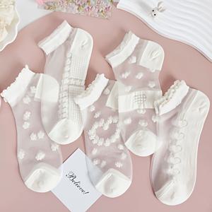 TEMU 5/10켤레 일본 스타일 레이스 얇은 양말, 여성용 글라스 섬유 보트 양말, 여름 플로럴 숏 양말, 귀여운 반투명 스타킹, 숏 양말