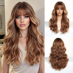 TEMU Ombre Brown Mechanical Synthetic Fiber Wig with Bangs, Long Sideburns, and Long Curly Hair for Mature Women