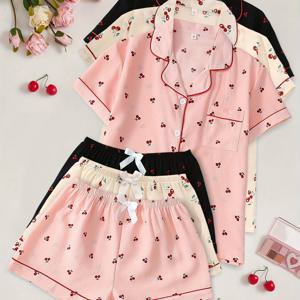 TEMU 버블 주름 귀여운 체리 프린트 리본 여성 파자마 반팔 반바지 세트, 외출용
