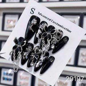 TEMU 핸드메이드 웨어러블 네일 10pcs 헤비 크래프트 물방울형 다크 메탈릭 마감 웨어러블 네일 블랙 탈착식 네일 스위트 쿨 다크 스타일 블랙 & 실버 컬러 쿨 3D 액세서리 핸드메이드 웨어러블 네일