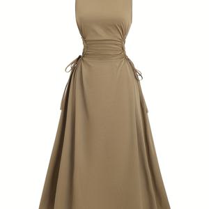 TEMU 여성용 라마단 미하랍 여름 단색 허리 끈 매듭 민소매 에스닉 빈티지 엘레강스 A라인 원피스