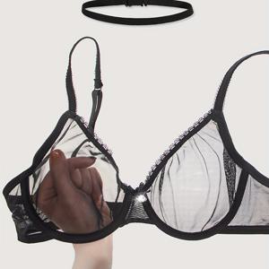 TEMU 여성용 레이스 시스루 브라, 섹시한 투명 메쉬 언더와이어 속옷, 패드 없음, 성인용 팬티 | 섹시한 레이스 디자인 | 펜던트 장식 포함