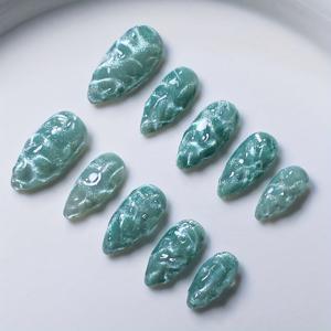 TEMU 10개입 핸드메이드 아몬드 프레스온 네일, 반짝이는 민트 그린 고급스러운 스타일 인조 네일 피스