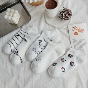 TEMU 5켤레 트렌디한 화이트 귀여운 캐릭터 강아지 디자인 한국 스타일 통기성 발목 양말