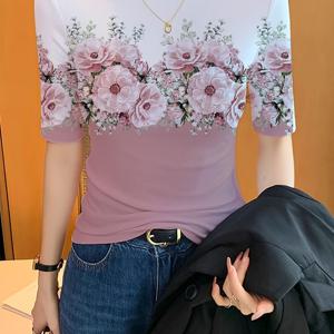 TEMU 여성용 플로럴 프린트 목폴라 슬림핏 미드슬리브 티셔츠, 캐주얼 반팔 여름 상의