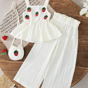 TEMU 딸기 레이스 디테일의 러플 헴 탱크 탑과 우아한 와이드 레그 팬츠가 특징인, 여아용 패셔너블한 투피스 세트. 외출 및 모임, 야외 활동에 적합합니다.