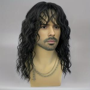 TEMU 남성용 긴 곱슬 흰색 가발 70년대 80년대 앞머리 있는 가발 내열성 합성 할로윈 코스프레 가발