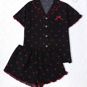 TEMU 체리 프린트 여성 파자마 세트 2pcs, 러플 반팔 칼라 탑과 쇼츠 여름 캐주얼 편안한 라운지웨어