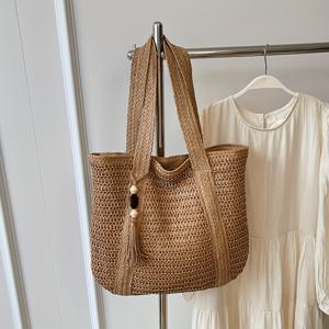 TEMU 여성용 우븐 할로우 태슬 펜던트 토트백, 통근에 적합한 넉넉한 공간, 겨드랑이 숄더백, 해변 휴가에 완벽, 데일리 외출을 위한 간편한 대형 가방 필수품