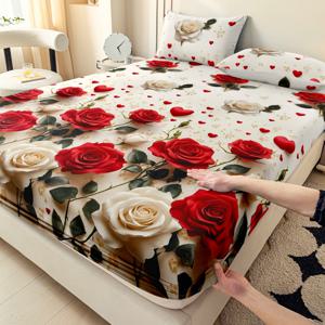 TEMU 3개 레드 앤 화이트 장미 꽃 클러스터 로맨틱 스타일 2D 플랫 효과 침대 시트 및 베갯잇 3피스 세트 | 베갯잇 2개 + 침대 시트 1개 | 더블/풀/킹/퀸 | 부드럽고 피부 친화적, 24시간 움직임 없음