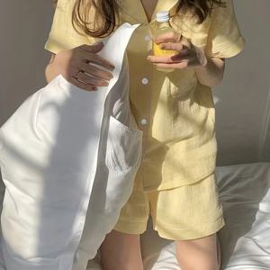 TEMU 버블 주름 방지 파자마 세트, 반팔 버튼업 상의와 탄력 허리 쇼츠, 여성용 잠옷 및 홈웨어