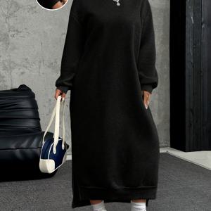 TEMU 플러스 사이즈 - 플러스 사이즈 - 플러스 사이즈 캐주얼 롱 따뜻한 안감 스웨트셔츠 드레스, 가을/겨울 졸업 시즌, 개학 의류, 졸업식, 여성 교사 복장