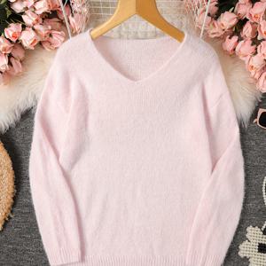 TEMU 여성용 긴팔 V넥 풀오버 스웨터, 부드럽고 넉넉한 스타일, 캐주얼 상의 [원형]