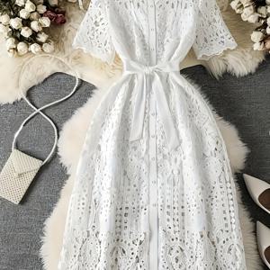 TEMU 2026 봄 여름 신상 여성용 우아하고 섬세한 할로우 플로럴 자수 허리 벨트 화이트 라운드넥 반팔 원피스 조절 가능한 어깨 스트랩 캐미솔 안감 투피스 세트 발렌타인데이 데이트 파티 동창회 결혼식 드레스 멀티씬 웨어