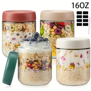 TEMU 4개입 야간 오트밀 용기 (뚜껑 포함) - 16oz 유리 용기 세트, 플립형 뚜껑 & 라벨지, 재사용 가능한 식품 보관 용기 (치아 씨 푸딩, 스무디, 테이크아웃 음식용), 스무디 용기, 식사 준비 용기, 플립형 뚜껑, 튼튼한 유리
