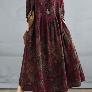 TEMU 여성용 새로운 빈티지 린넨 프린트 라운드넥 긴팔 원피스, 패치워크 디자인의 넉넉한 드레스