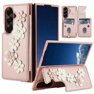 TEMU 갤럭시 Z 폴드 7/6/5/4 케이스, 카드 홀더 지갑형 휴대폰 파우치, 귀여운 꽃무늬 크로스바디 여성용 휴대폰 가방, 자석 킥스탠드 충격방지 커버 손목스트랩 랜야드 휴대폰 케이스