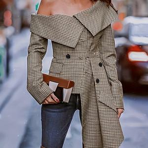 TEMU 체크 무늬 빈티지 패션 오프숄더 아сим메트리 디자인 긴소매 재킷 탑