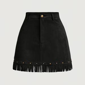 TEMU 하이웨이스트 A라인 태슬 헴 페이크 스웨이드 미니 스커트