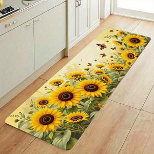 TEMU 1개 시골풍 주방 매트, 해바라기와 나비 패턴이 있는 폴리에스터 소프트 바닥매트, 주방 현관 세탁실 방 홈오피스 장식용