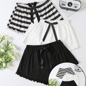 TEMU 세련된 여성용 홈 슬립 팬츠 세트 (블랙 & 화이트), 편안한 소재와 루즈핏으로 매일의 즐거운 시간을 함께합니다. 리본 탄성 허리밴드 쇼츠, 아늑하고 편안한 파자마 라운지웨어 세트