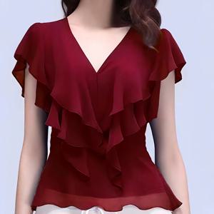 TEMU 슬림핏, 보라색 V넥, 러플 디자인의 반팔 쉬폰 탑