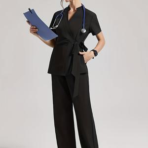 TEMU 여성용 작업복, V넥, 타이업 반팔 상의 및 바지 세트, 애완동물샵 의사 및 간호사, 병원복에 적합