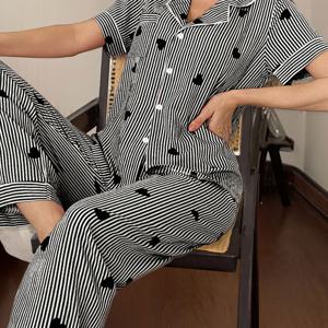 TEMU 2피스 하트 프린트 여성 파자마 세트, 반팔 상의와 바지, 편안한 2피스 하트 프린트 라운지웨어, 라펠과 버튼 트림이 있는 가디건 캐주얼 홈 아웃핏