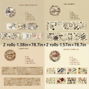 TEMU 4롤 - 빈티지 와시 다이컷 테이프 세트: 2롤 1.38인치×78.7인치 + 2롤 1.57인치×78.7인치, 스크랩북, 저널링, 공예, 선물 포장용 장식 종이 접착제 – DIY 프로젝트 & 미술 용품을 위한 다양한 스타일의 우아한 디자인