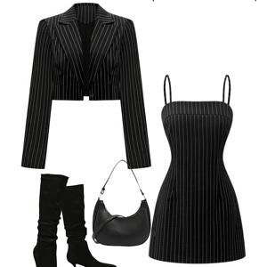 TEMU 세련된 여성용 숏 블레이저와 홀터넥 드레스의 투피스 세트