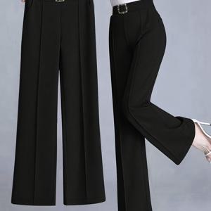 TEMU 여성용 하이웨이스트 정장 바지, 허리 부분에 금속 장식 버클 장식, 사계절 착용 가능, 세탁기 사용 가능