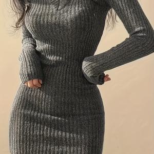 TEMU 여성 캐주얼 V넥 긴팔 골지 스트레치 드레스