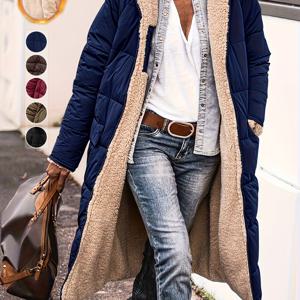 TEMU 솔리드 컬러 후드 패딩 코트 롱 슬리브 리버서블 슬림핏 우아한 카디건 재킷 여성용