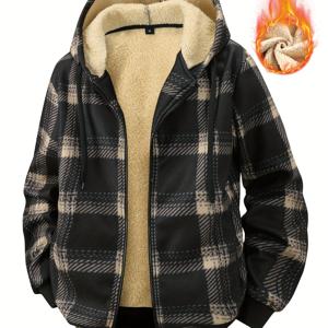 TEMU 남성용 새로운 가을/겨울 체크 무늬 기모 안감 두꺼운 따뜻한 지퍼업 가디건, 지퍼 포켓 및 후드 재킷