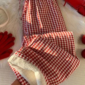 TEMU 여성용 드로스트링 허리 포켓 격자무늬 와이드 레그 루즈핏 캐주얼 팬츠, 보온 및 보온성을 위한 양고기 털 사용